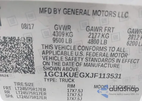 2018 Chevrolet Silverado 2500Hd Wt z USA, uszkodzony, nr VIN 1GC1KUEGXJF113531